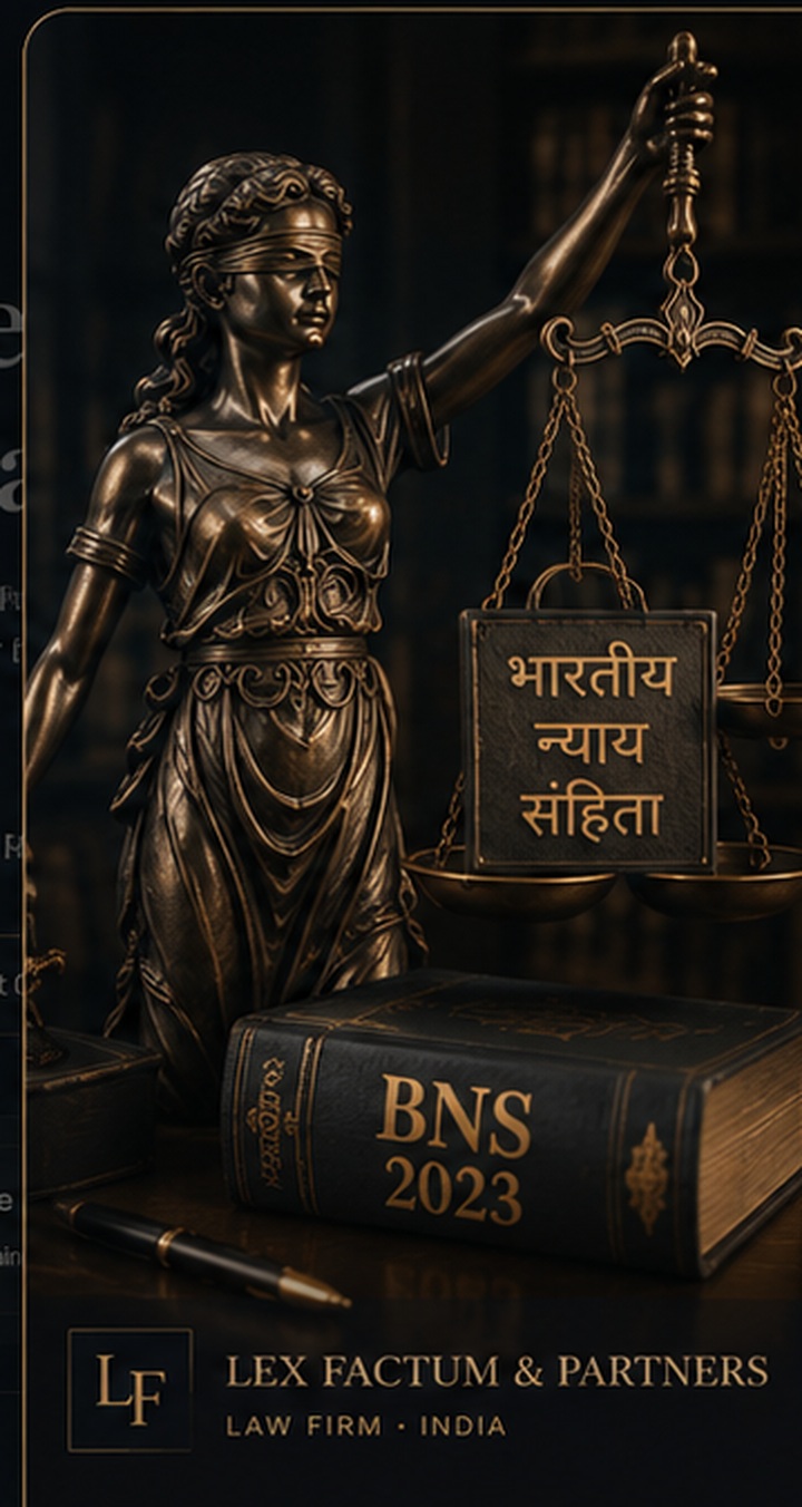 Lady Justice with scales and Bharatiya Nyaya Sanhita 2023